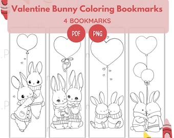 Valentine Bunny Coloring Bookmarks - Cute Kawaii Printable - DIY Heart Balloon Bookmark Set - Digital Download for Kids & Adults