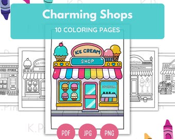 Charming Shops Coloring Pages - 10 Cute Storefront Designs for Kids & Adults - Printable Digital Download in PDF, JPG, PNG