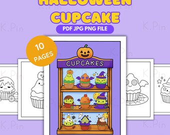 Kleurplaten Halloween cupcake - afdrukbare griezelige kawaii (pdf, jpg, png)