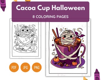 Halloween Mummy Cocoa Cup Coloring Pages | Spooky Kawaii Designs (PDF JPG PNG)