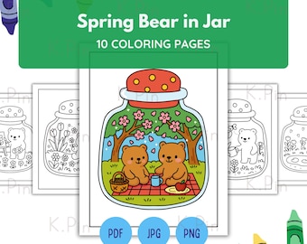 10 Spring Bear in Jar Coloring Pages | Kawaii Printable Bundle | Bold Easy Lines Kids Adults | Cute Bear Spring Activity | Instant Download