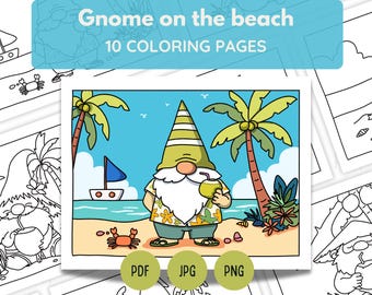 10 Summer Gnome Beach Coloring Pages | Cute Kawaii Printable Bundle | Bold Easy Lines Kids Adults | Vacation Activity | Instant Download