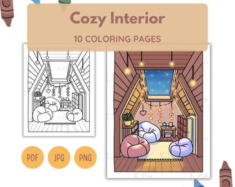 Cozy Interior Coloring Pages: 10 Relaxation Designs (PDF, JPG, PNG)