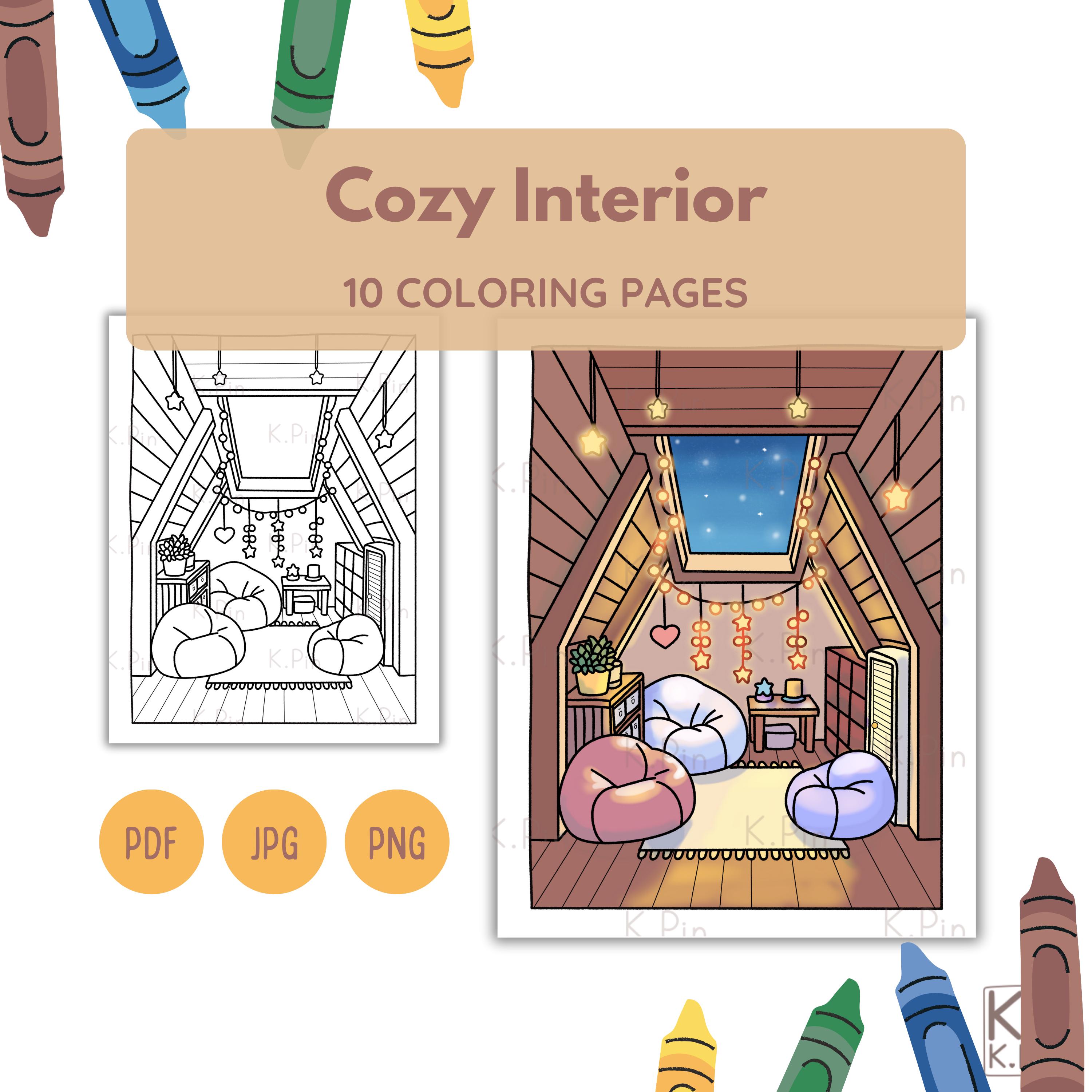 Cozy Interior Coloring Pages Set of 10 – Printable Home Decor Scenes for Adults & Kids (PDF, JPG, PNG) Instant Download