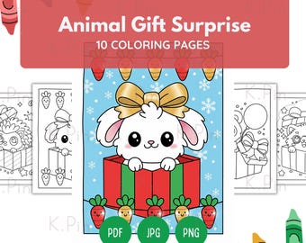 Kleurplaten met kerstverrassing in de vorm van dieren | 10 leuke printables voor de feestdagen | Schattige dieren in cadeauverpakkingen | Direct te downloaden