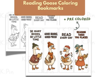 Goose Reading Coloring Bookmarks Set | Cute Book Lover Printable DIY Craft | Bold Easy Lines Kids Adults | Book Quotes | Download PDF PNG