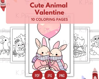10 Cute Animal Valentine Coloring Pages | Kawaii Love Theme Printable | Bold Easy Lines Kids Adults | Valentines Day Activity