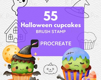 Borstelstempels Halloween-cupcake voortplanten: kawaii-doodle-clipart (digitale stempelset)