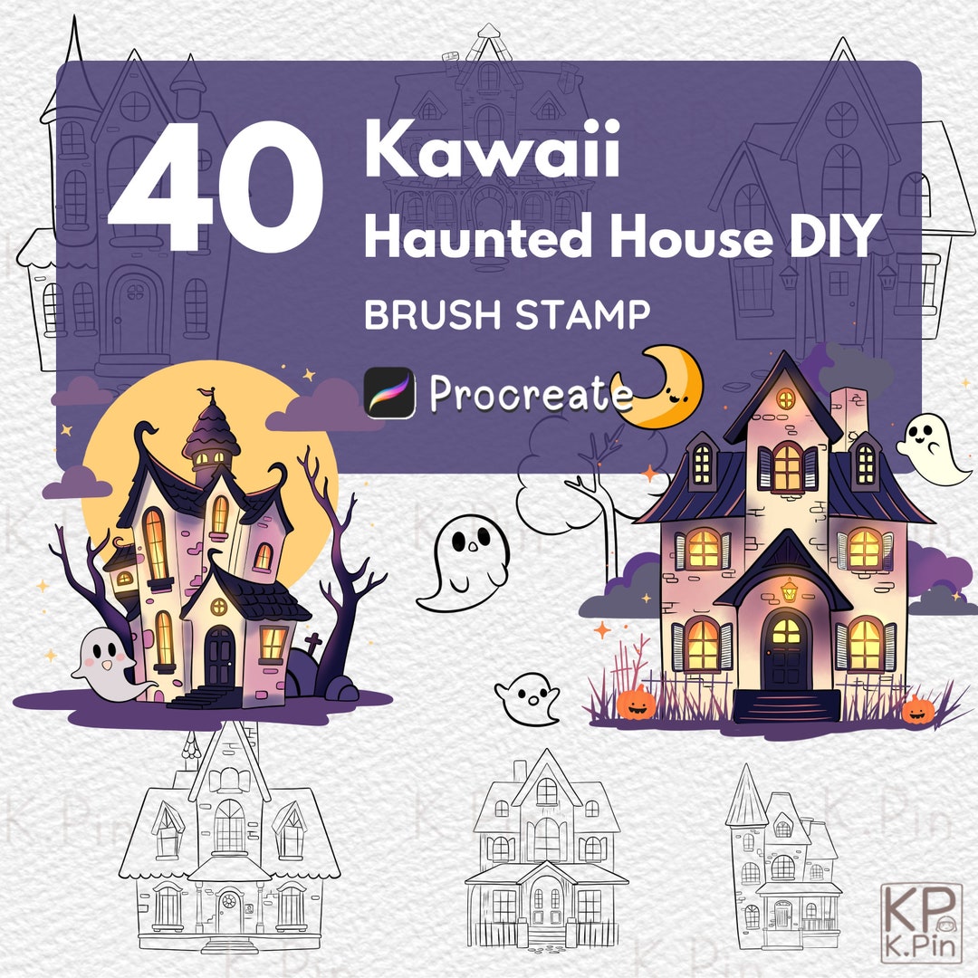 40 Kawaii Haunted House Procreate Brush Stamps – Halloween DIY (digital ...