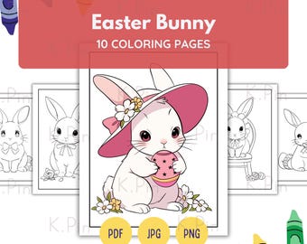 10 Easter Bunny Coloring Page | Kawaii Rabbit Egg Flower Hat | Bold Easy Lines Cute Printable Kids Adults | Spring Activity
