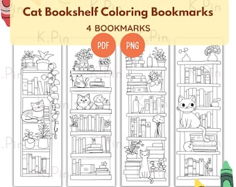 Cat Bookshelf Coloring Bookmarks: DIY Printable (PDF, PNG)