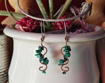 Rustic Patinated Copper Malachite Wire Wrapped Earrings