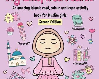 May include: A children's book cover titled "My Inspired Pearls" with a cartoon girl in a pink dress and hijab. The cover includes illustrations of a mosque, a Quran, and hearts. Text includes "An amazing Islamic read, colour and learn activity book for Muslim girls."