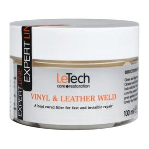 May include: A white jar of LeTech Vinyl & Leather Weld, a heat-cured filler for fast and invisible repair. The jar has a gold band and black text that reads "EXPERT LINE" and "100 ml e".