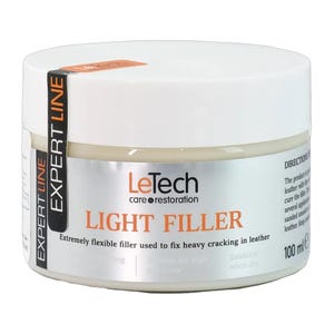 以下が含まれることがあります： LeTech Light Fillerの白い瓶。革のケアと修復用の製品です。「EXPERT LINE」と「LIGHT FILLER」の文字がラベルに記載されています。瓶には100mlのフィラーが入っており、革のひび割れを修復するように設計されています。