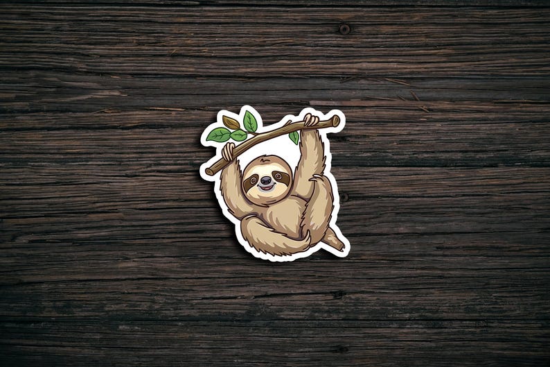 May include: A cartoon illustration of a brown sloth hanging upside down from a branch with green leaves. The sloth has a happy expression and is smiling.