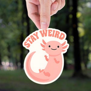 stay weird axolotl sticker, cute weird animal sticker, kawaii axolotl decal, quirky vinyl sticker, funny amphibian meme sticker laptop decal