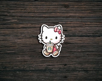 Kitty with Coffee Cup Waterproof Sticker