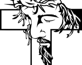 May include: A black and white illustration of a person with a crown of thorns on their head, looking down at a cross.