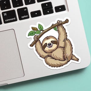 May include: A cartoon sloth with a happy expression hangs from a branch with green leaves. The sloth is brown and has a white belly. The background is a light blue.