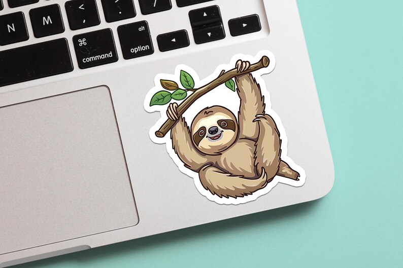 May include: A cartoon sloth with a happy expression hangs from a branch with green leaves. The sloth is brown and has a white belly. The background is a light blue.