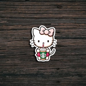 cute cat coffee sticker, kawaii caffeine decal, pink aesthetic meme sticker, cartoon kitty with iced coffee, coffee lover laptop sticker