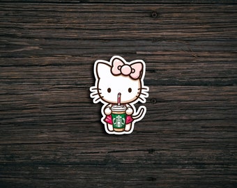 Kitty with Starbucks Coffee Waterproof Sticker - Laptop, Water Bottle