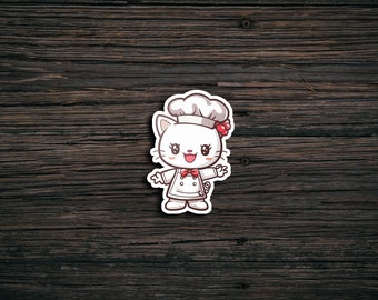 May include: A white cartoon cat wearing a chef's hat and a red bow tie. The cat is smiling and has a red flower on its head. The background is a dark brown wooden surface.