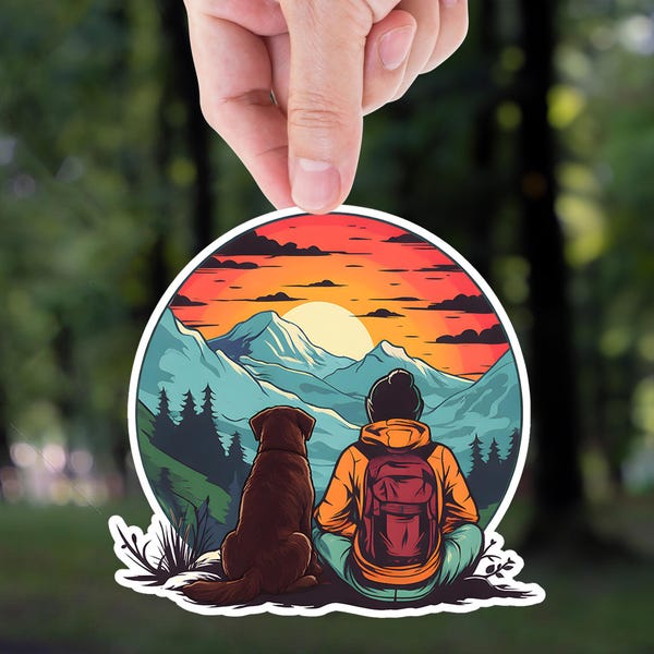 Adventure Dog Hiking Sticker Chocolate Labrador Retriever: Mountain Sunset Vinyl Decal