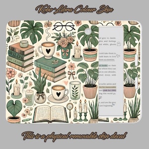 May include: A Kobo Libra Colour e-reader skin decal with a white background and a repeating pattern of green plants, books, candles, and coffee cups. The text "WILD", "THE CRASH", and "LIGHTS OUT" is visible on the books. The text "ed grey to Jamie. ights and feelings ind white, ghosts could take them to ad ould learn to love them as enemies. ul books on their ne where they can al on one eReader, otted down with avourite series and ow for memorable and pink for OMG ting this world go, ver. s, and see the grey just beginning" is visible on the e-reader screen.