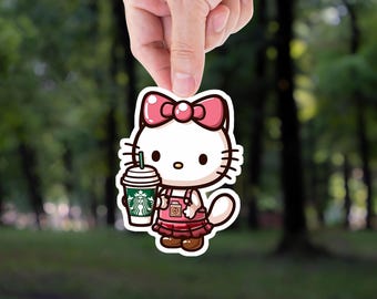 Kawaii Cat Coffee Sticker, Iced Coffee, Laptop Decal
