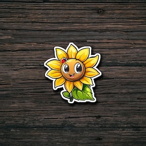 Sunflower with Ladybug Sticker | Waterproof | Vinyl Sticker | Laptop | Water Bottle | Scrapbook | Cartoon Style | Die Cut Sticker