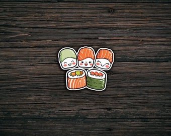 May include: Four cartoon sushi rolls with smiling faces on a dark brown wooden background. The sushi rolls are green, orange, and brown.