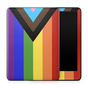 May include: A rectangular case with a vibrant rainbow design, featuring the Progress Pride flag. The case has a black border and a solid black screen. The design includes stripes of purple, blue, green, yellow, orange, and red.