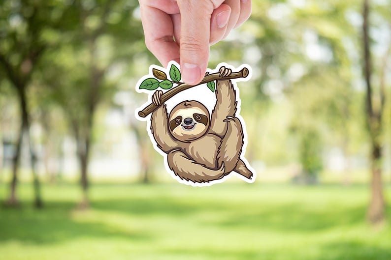 May include: A cartoon sloth sticker with a brown and tan fur, hanging from a branch with green leaves. The sloth has a happy expression and is smiling.