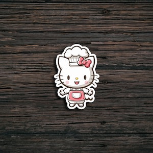 cute cat chef sticker, kawaii kitchen meme decal, baking cat sticker, aesthetic pink cook sticker, cartoon kitty with apron and hat