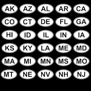 May include: A black and white image of the US state abbreviations in white oval shapes on a black background.
