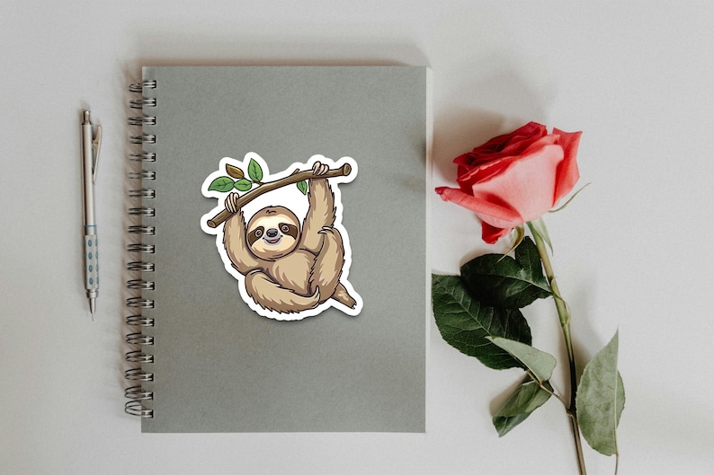 May include: A cartoon sloth hanging from a branch with green leaves. The sloth is brown and has a happy expression on its face.