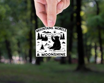 Mountains, Morels, and Moonshine Sticker: Funny Meme Sticker