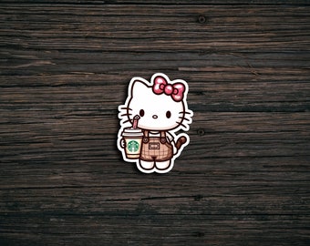 Kawaii Cat Coffee Sticker, Aesthetic Laptop Decal