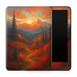 May include: A tablet case featuring a landscape painting of a mountain range at sunset. The artwork depicts a vibrant scene with orange, red, and yellow hues, with a bright sun and tall evergreen trees. The case has a black border.