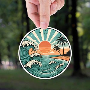 Beach Sunset Wave Sticker: Tropical Palm Tree Decal
