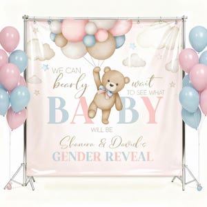 Bear Gender Reveal Backdrop • Boy or Girl Balloon Teddy Banner • Custom Baby Shower Decoration