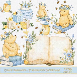 Classic Winnie the Pooh clipart bundle baby shower PNG vintage bear nursery wall art illustrations pastel floral honey pot balloons book bee