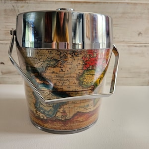 Vintage Eiskübel, Typus Orbis Terrarvum Weltkarte, mit Deckel und Griff. Hergestellt in Japan, etwa 70er Jahre.