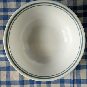 Country Cottage Corelle bowls 6 1/4&quot; Vitrelle Lined White with Green Blue Rim. Made in USA. Set of 5.