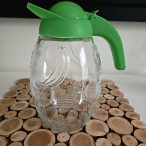 Clear Glass Juice Pitcher Jug with Plastic Green Lid and Handle, Embossed Fruit pattern, 1970s-1980s