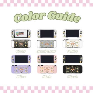 Puede incluir: Gu&iacute;a de colores para las carcasas de la consola Nintendo Switch. La imagen muestra diez carcasas diferentes en varios colores, incluyendo transparente, semitransparente, blanco, lila, rosa y negro. Cada carcasa presenta un dise&ntilde;o de dibujos animados lindo de dos animales.