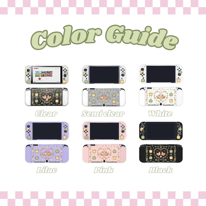 Puede incluir: Gu&iacute;a de colores para las carcasas de la consola Nintendo Switch. La imagen muestra diez carcasas diferentes en varios colores, incluyendo transparente, semitransparente, blanco, lila, rosa y negro. Cada carcasa presenta un dise&ntilde;o de dibujos animados lindo de dos animales.