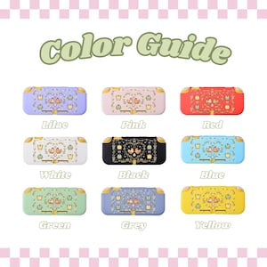 Puede incluir: Gu&iacute;a de colores para las carcasas de Nintendo Switch Lite que presentan una variedad de colores, incluyendo lila, rosa, rojo, blanco, negro, azul, verde, gris y amarillo. Cada carcasa tiene un borde dorado y un dise&ntilde;o de dos p&aacute;jaros en una rama.